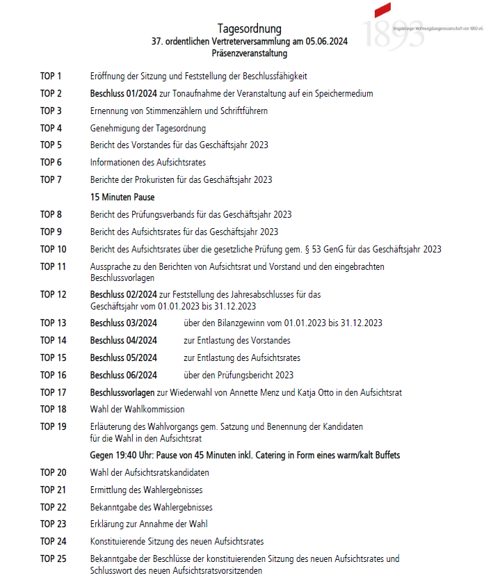 die Tagesordnungspunkte der Veranstaltung
